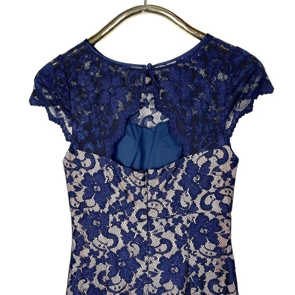 ELIZA J LACE ILLUSION YOKE FLORAL LACE CAP SLEEVE KEYHOLE RUCHED MAXI DRESS GOWN - Picture 6 of 14